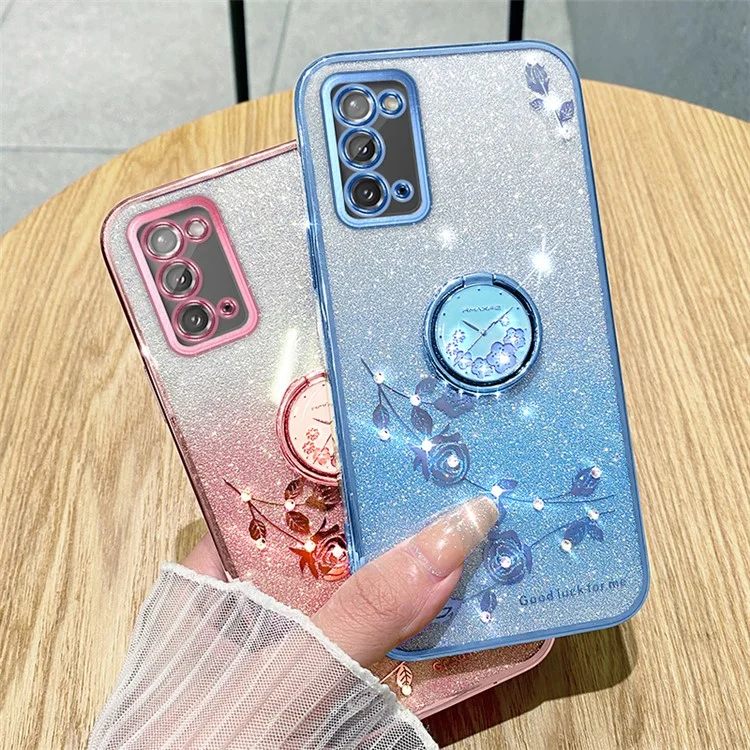 KADEM для Samsung Galaxy Note20 / Note20 5G Кольцо Kickstand Gradient TPU Cover Glitter Flower Pattern Phone Case - Rose Gold