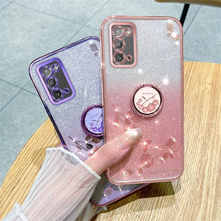 KADEM для Samsung Galaxy Note20 / Note20 5G Кольцо Kickstand Gradient TPU Cover Glitter Flower Pattern Phone Case - Rose Gold