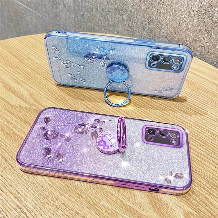 KADEM для Samsung Galaxy Note20 / Note20 5G Кольцо Kickstand Gradient TPU Cover Glitter Flower Pattern Phone Case - Rose Gold