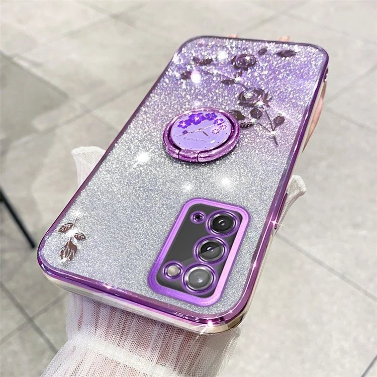 Funda de teléfono con patrón de flores KADEM para Samsung Galaxy A31, con purpurina y gradiente, funda suave de TPU con soporte giratorio - Púrpura