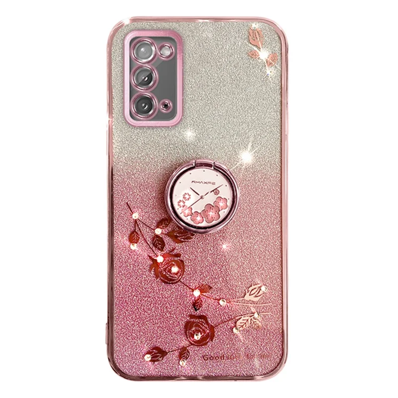 KADEM Flower Pattern Phone Case for Samsung Galaxy A31 Glitter Gradient Soft TPU Cover with Ring Kickstand - Rose Gold