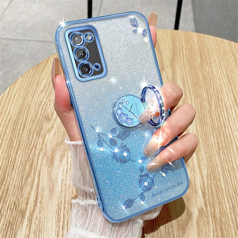 KADEM Flower Pattern Phone Case for Samsung Galaxy A31 Glitter Gradient Soft TPU Cover with Ring Kickstand - Rose Gold