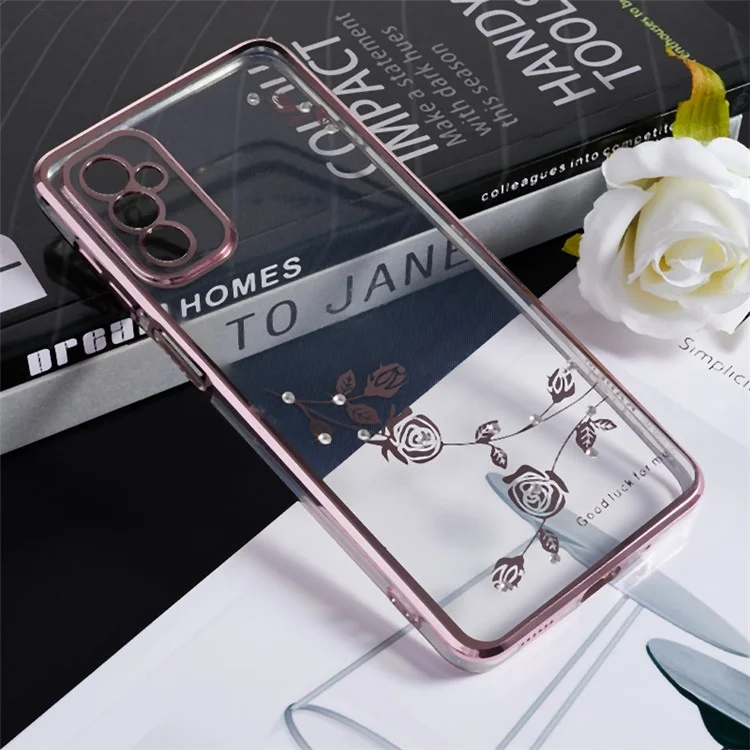 KADEM For Samsung Galaxy M52 5G Clear TPU Phone Case Electroplated Rhinestone Flower Cover with Ring Kickstand - Rose Gold