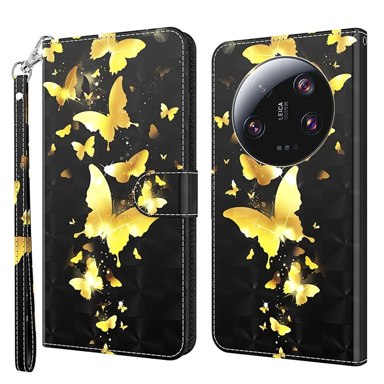 Para Xiaomi 13 Ultra Funda de Teléfono con Estuche de Cuero de Impresión de Patrón 3D con Soporte y Correa - Mariposas Doradas