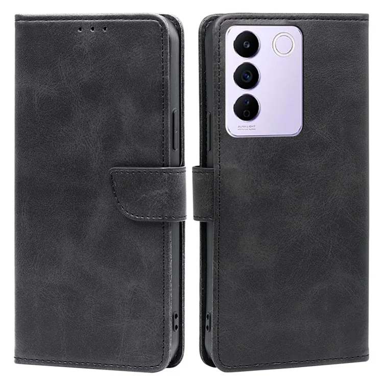 Für vivo S16e 5G PU-Leder-Flip-Case mit Geldbörse und Standfunktion, Kalbsleder-Textur, stoßfeste Handyhülle - Schwarz