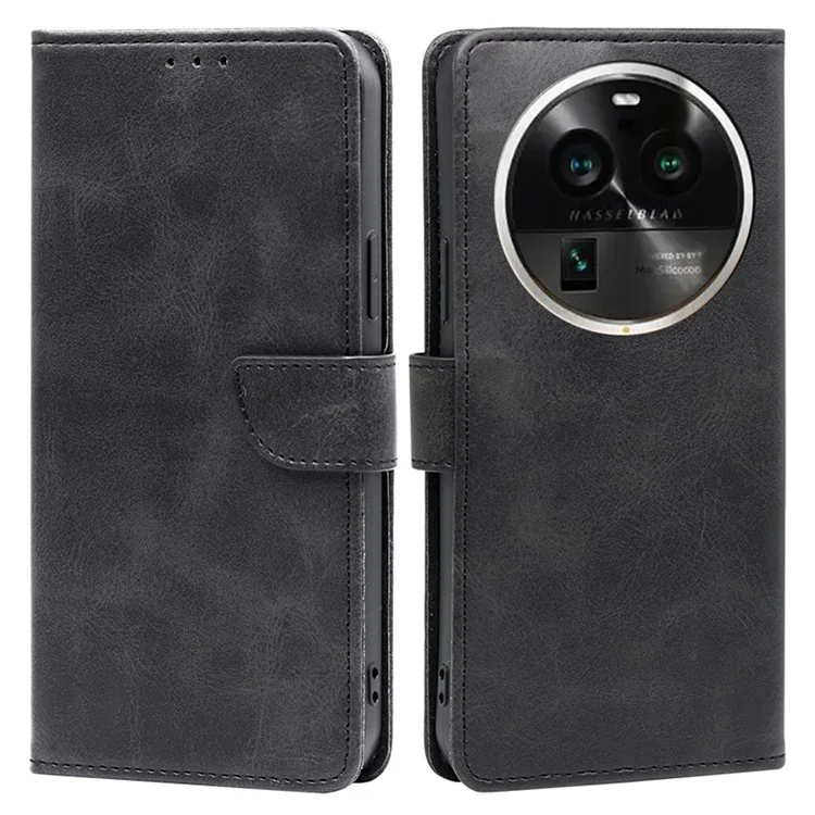 For Oppo Find X6 Pro PU Leather Wallet Case Calf Texture Stand Magnetic Protective Phone Cover - Black