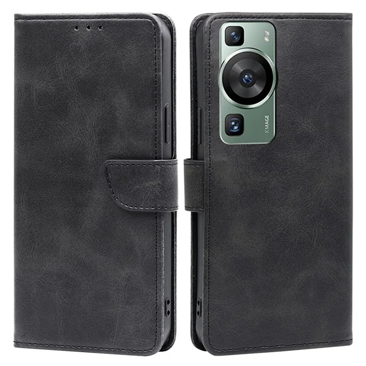 Étui Folio en Cuir pour Huawei P60 / P60 Pro, Coque Portefeuille à Texture Veau - Noir