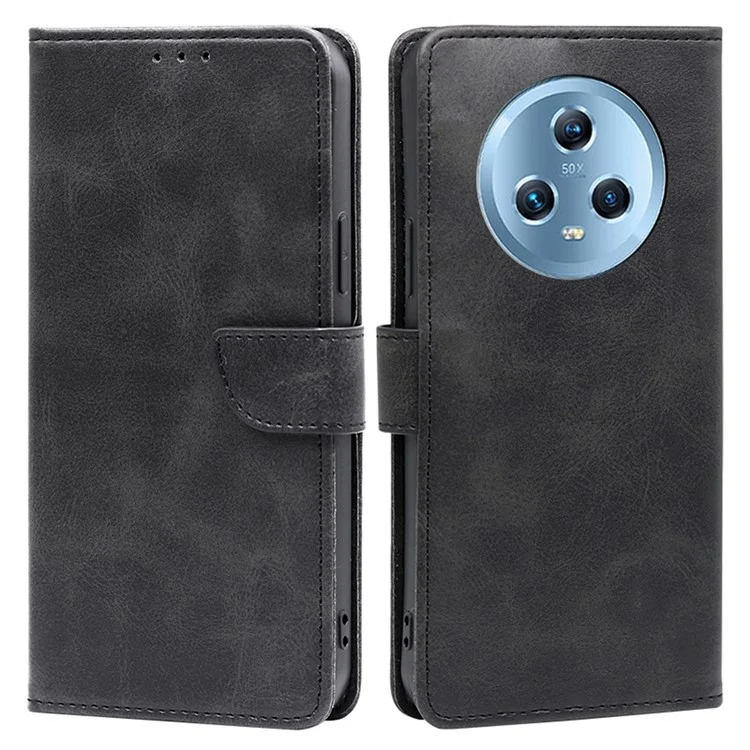 For Honor Magic5 PU Leather Flip Stand Case Calf Texture Wallet Folio Phone Cover - Preto