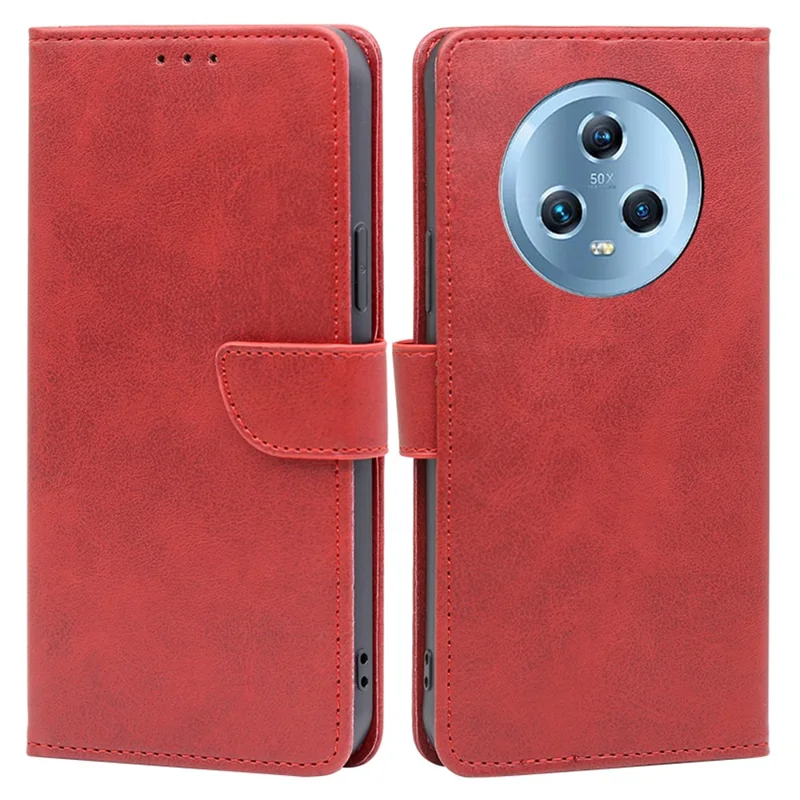 For Honor Magic5 PU Leather Flip Stand Case Calf Texture Wallet Folio Phone Cover - Red