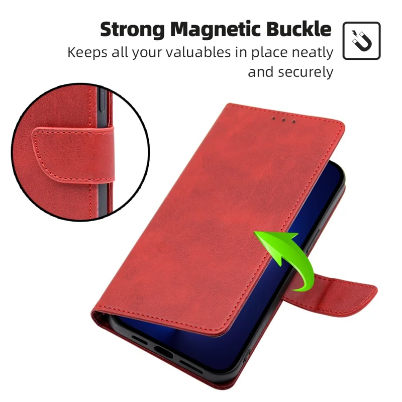 For Honor Magic5 PU Leather Flip Stand Case Calf Texture Wallet Folio Phone Cover - Red