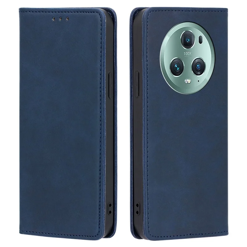 Phone Case for Honor Magic5 Pro PU Leather+TPU Wallet Stand Calf Texture Magnetic Closing Cover - Sapphire