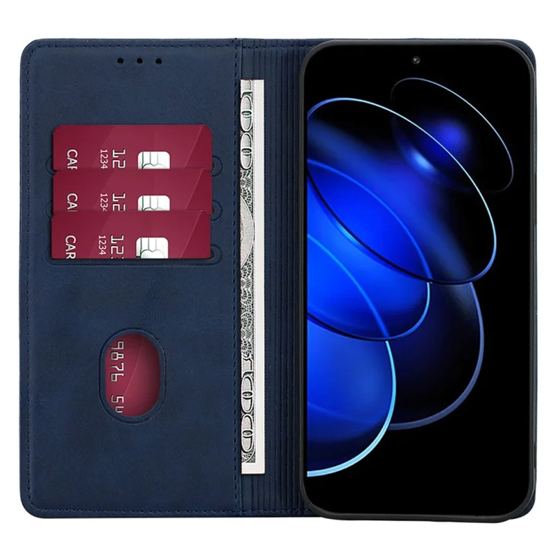 Phone Case for Honor Magic5 Pro PU Leather+TPU Wallet Stand Calf Texture Magnetic Closing Cover - Sapphire