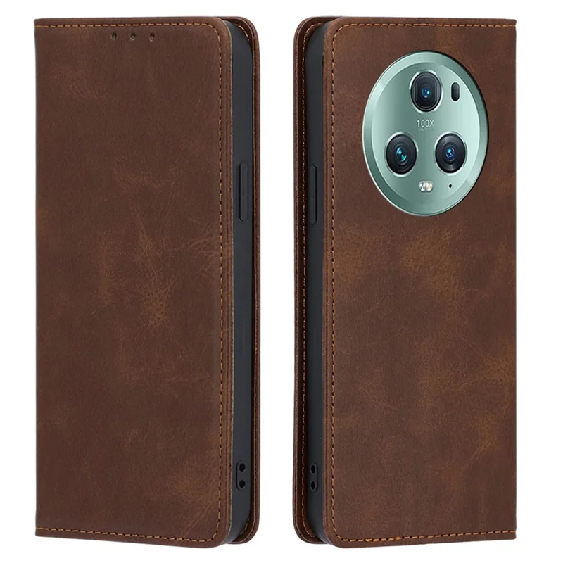 Phone Case for Honor Magic5 Pro PU Leather+TPU Wallet Stand Calf Texture Magnetic Closing Cover - Brown