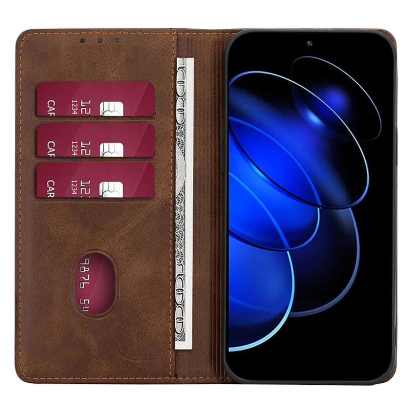 Phone Case for Honor Magic5 Pro PU Leather+TPU Wallet Stand Calf Texture Magnetic Closing Cover - Brown