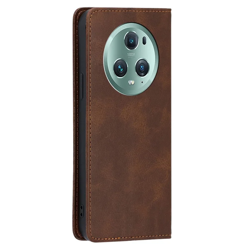 Phone Case for Honor Magic5 Pro PU Leather+TPU Wallet Stand Calf Texture Magnetic Closing Cover - Brown