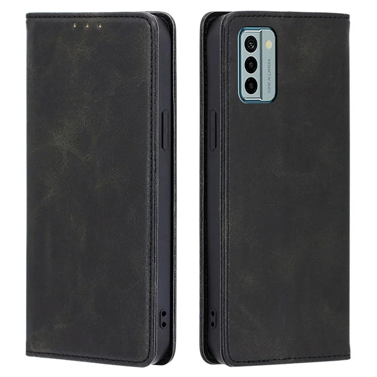 PU Leather Shell for Nokia G22 Wallet Stand Phone Case Calf Texture Magnetic Closing Cover - Black