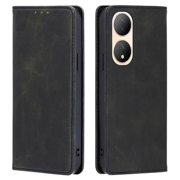 Para vivo Y100 5G PU Leather+TPU Wallet Stand Phone Magnetic Closing Case Calf Texture Cover - Preto