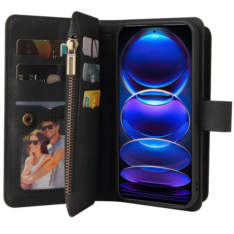 Per Xiaomi Redmi Note 12 Pro 5G KT Phone Case Multi-Functional Series-2 Multiple Card Slots Leather Zipper Pocket Cover - Nero