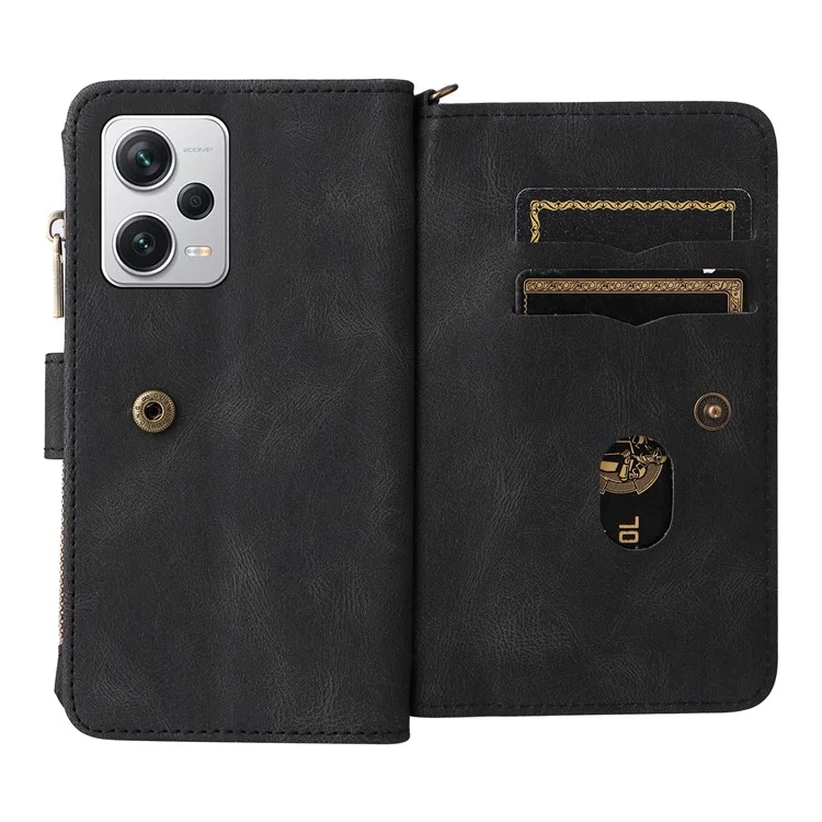 For Xiaomi Redmi Note 12 Pro 5G KT Phone Case Multi-Functional Series-2 Multiple Card Slots Leather Zipper Pocket Cover - Black