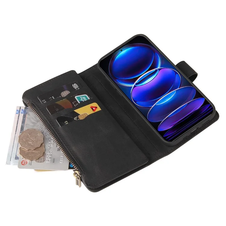 Per Xiaomi Redmi Note 12 Pro 5G KT Phone Case Multi-Functional Series-2 Multiple Card Slots Leather Zipper Pocket Cover - Nero