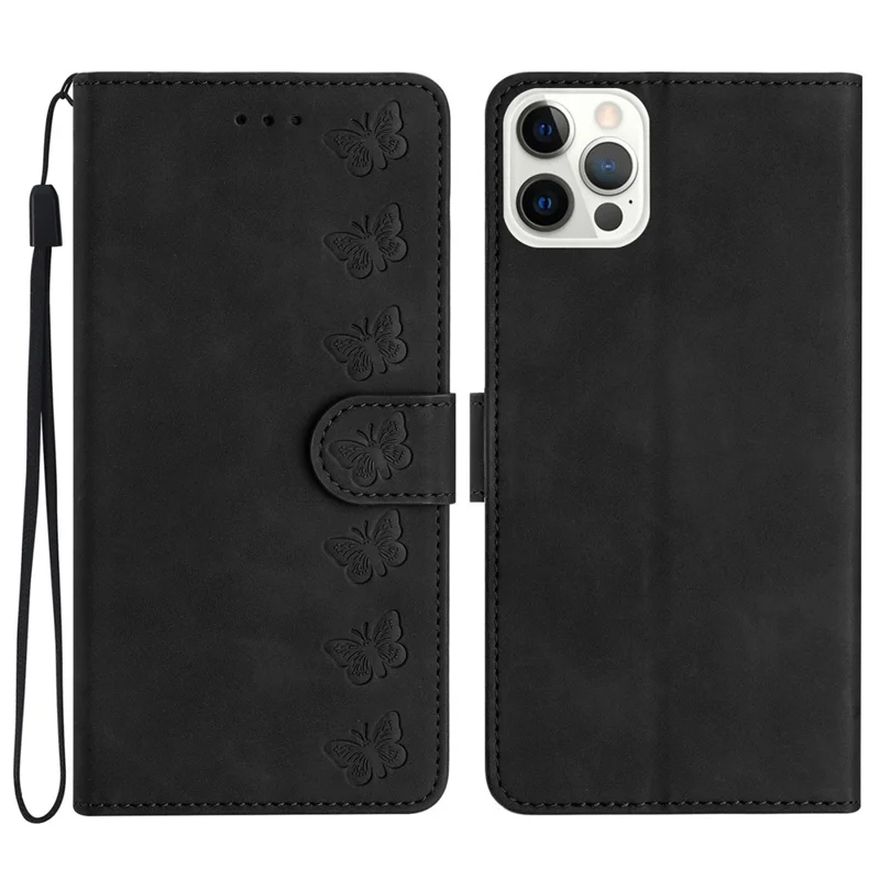 For iPhone 14 Pro PU Leather Stand Wallet Phone Case Butterfly Imprinted Anti-drop Cover - Black