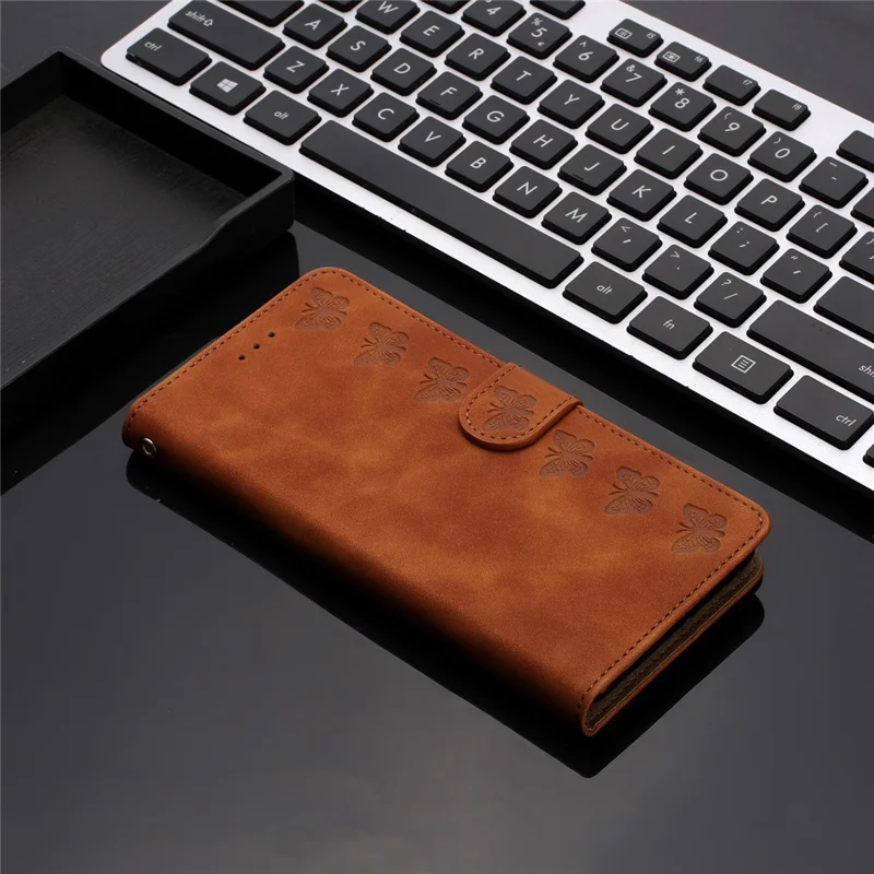 For iPhone 13 Pro Max 6.7 inch Butterfly Imprinted Phone Case PU Leather Wallet Cover with Stand - Brown
