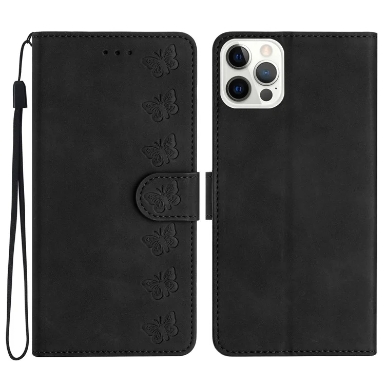 Pour iPhone 13 Pro 6.1 pouces Papillon Imprimé Full Protection Cover PU Leather Wallet Stand Phone Case - Noir