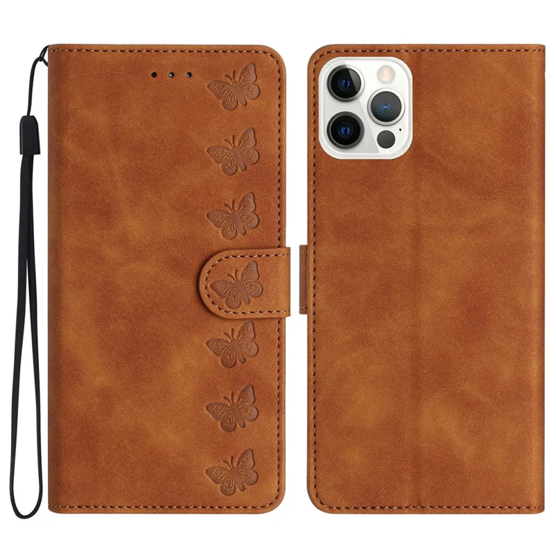For iPhone 12 Pro Max 6.7 inch Butterfly Imprinted Phone Case Folding Stand Leather Wallet Cover - Brown