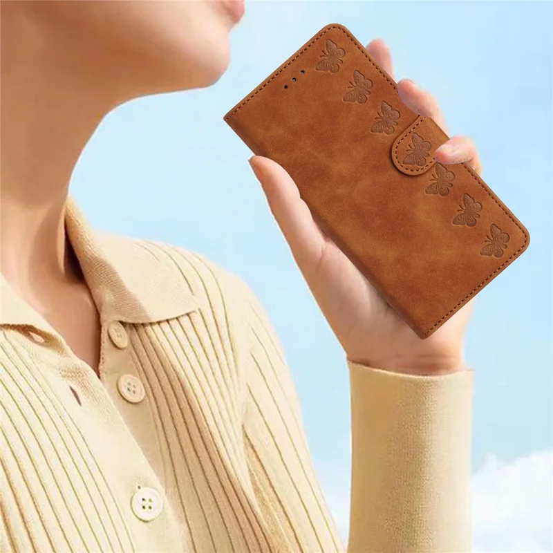 For iPhone 12 Pro Max 6.7 inch Butterfly Imprinted Phone Case Folding Stand Leather Wallet Cover - Brown