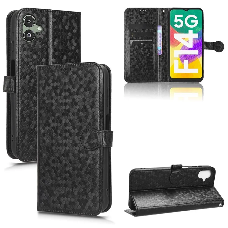 For Samsung Galaxy F14 5G Stand Wallet Phone Case PU Leather Dot Pattern Imprinted Smartphone Cover - Black