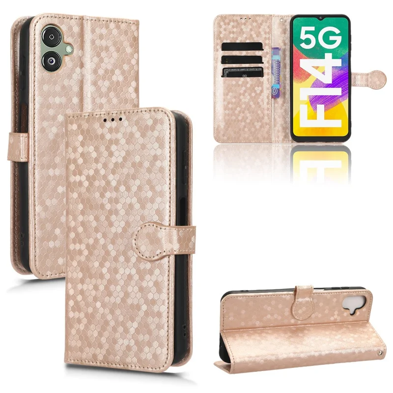 For Samsung Galaxy F14 5G Stand Wallet Phone Case PU Leather Dot Pattern Imprinted Smartphone Cover - Rose Gold