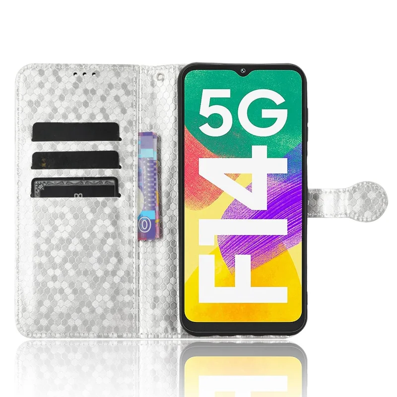 For Samsung Galaxy F14 5G Stand Wallet Phone Case PU Leather Dot Pattern Imprinted Smartphone Cover - Silver