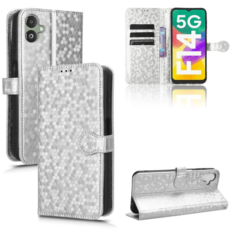 For Samsung Galaxy F14 5G Stand Wallet Phone Case PU Leather Dot Pattern Imprinted Smartphone Cover - Silver
