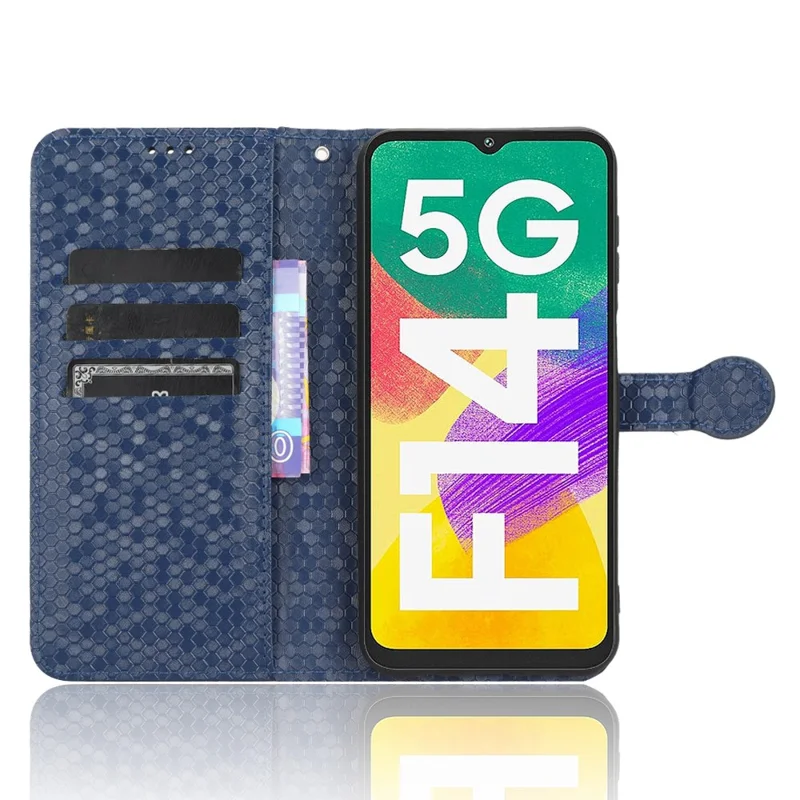 For Samsung Galaxy F14 5G Stand Wallet Phone Case PU Leather Dot Pattern Imprinted Smartphone Cover - Dark Blue