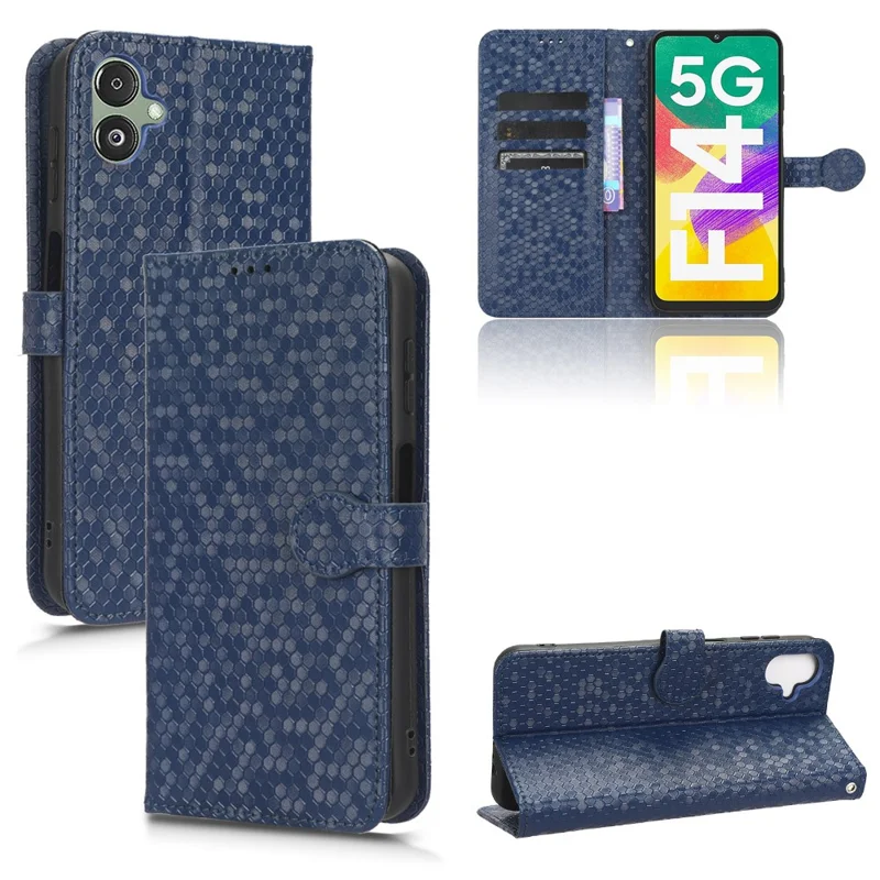 For Samsung Galaxy F14 5G Stand Wallet Phone Case PU Leather Dot Pattern Imprinted Smartphone Cover - Dark Blue