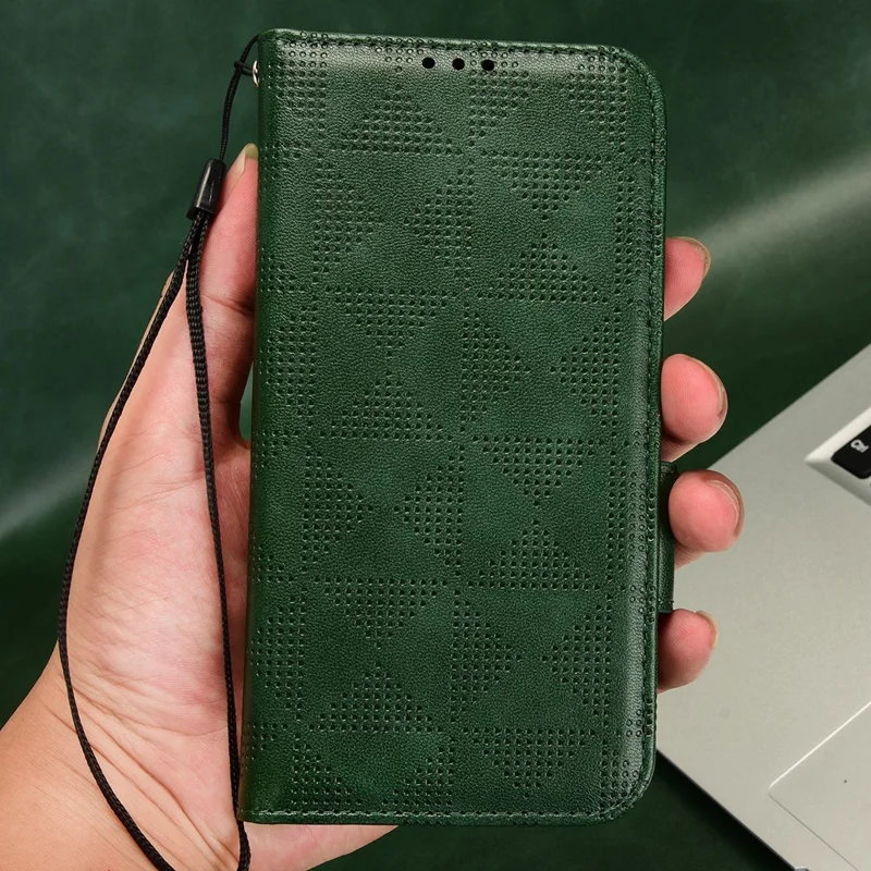 For Samsung Galaxy F14 5G Stand Wallet PU Leather Phone Case Imprinted Triangle Phone Cover - Green