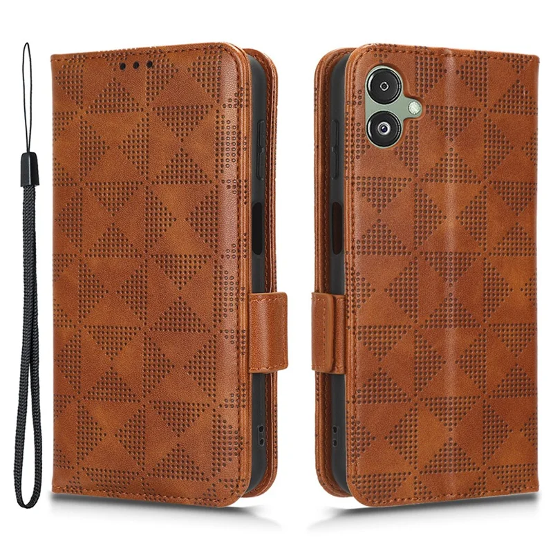 For Samsung Galaxy F14 5G Stand Wallet PU Leather Phone Case Imprinted Triangle Phone Cover - Brown