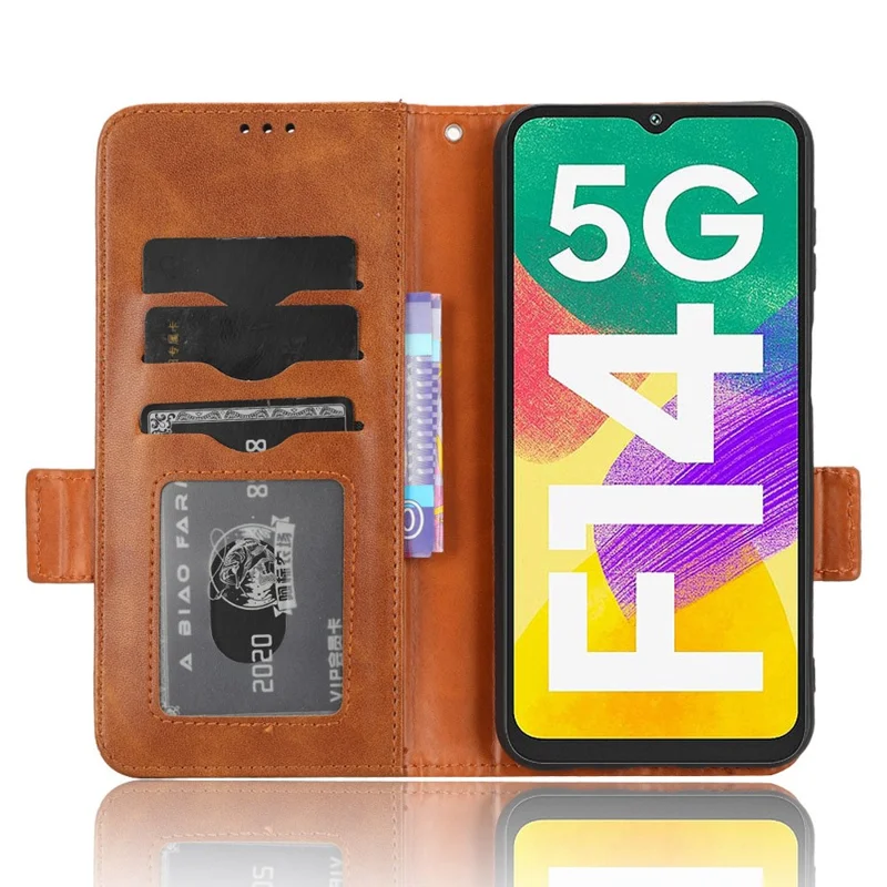 For Samsung Galaxy F14 5G Stand Wallet PU Leather Phone Case Imprinted Triangle Phone Cover - Brown