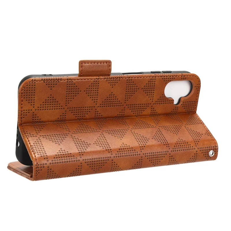 For Samsung Galaxy F14 5G Stand Wallet PU Leather Phone Case Imprinted Triangle Phone Cover - Brown