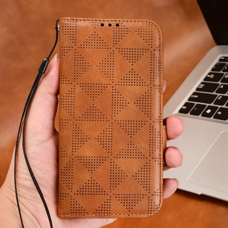 For Samsung Galaxy F14 5G Stand Wallet PU Leather Phone Case Imprinted Triangle Phone Cover - Brown