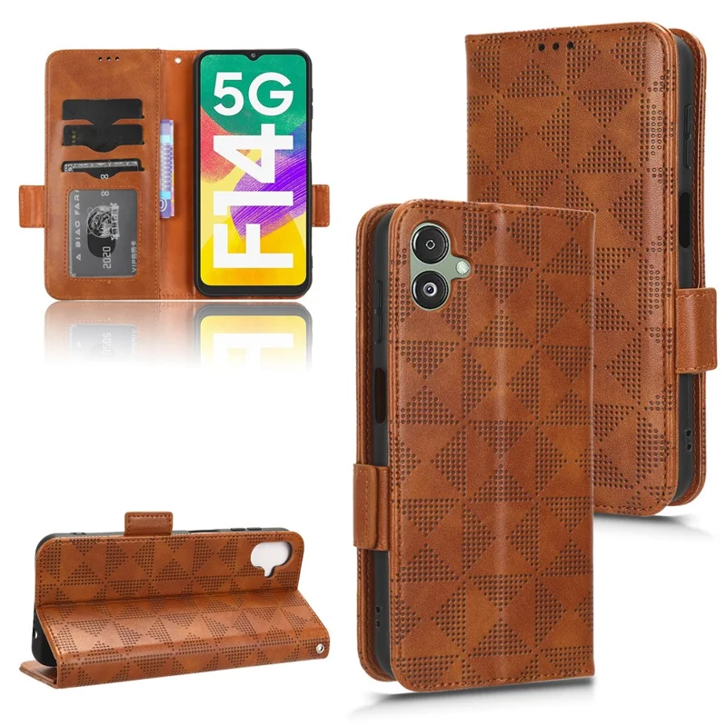 For Samsung Galaxy F14 5G Stand Wallet PU Leather Phone Case Imprinted Triangle Phone Cover - Brown