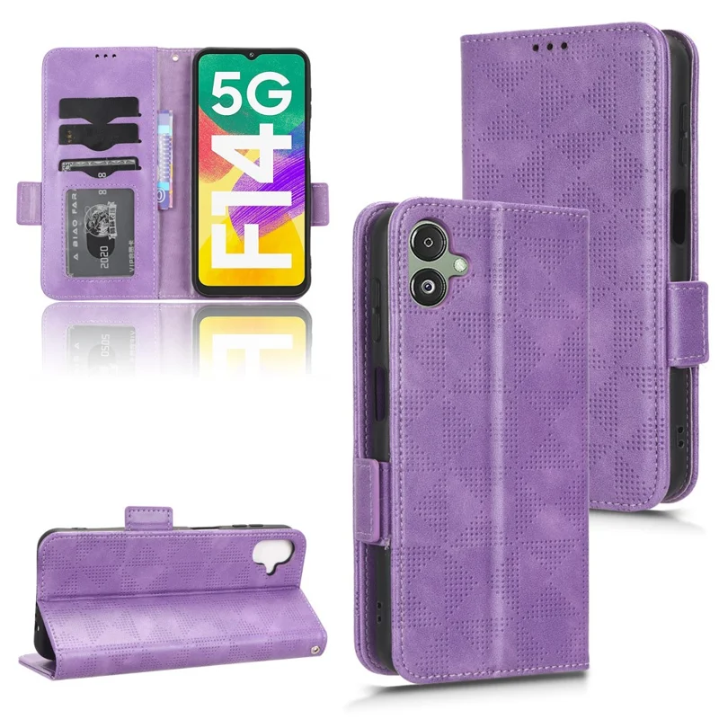 Per Samsung Galaxy F14 5G Stand Wallet Custodia in pelle PU Custodia per telefono con motivo stampato a triangolo - Viola