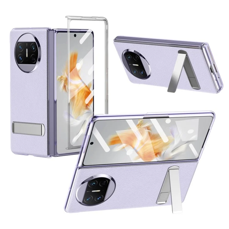 Für Huawei Mate X3 5G PU-Leder beschichtetes PC-Telefongehäuse mit Ständer, transparentem Rand und Hartglas-Displayschutzfolie - Lila