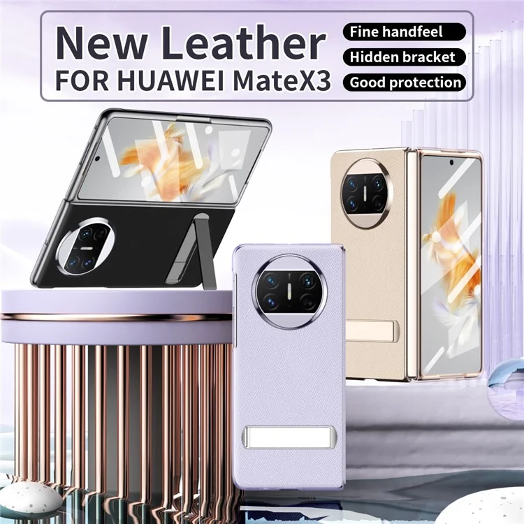 Für Huawei Mate X3 5G PU-Leder beschichtetes PC-Telefongehäuse mit Ständer, transparentem Rand und Hartglas-Displayschutzfolie - Lila