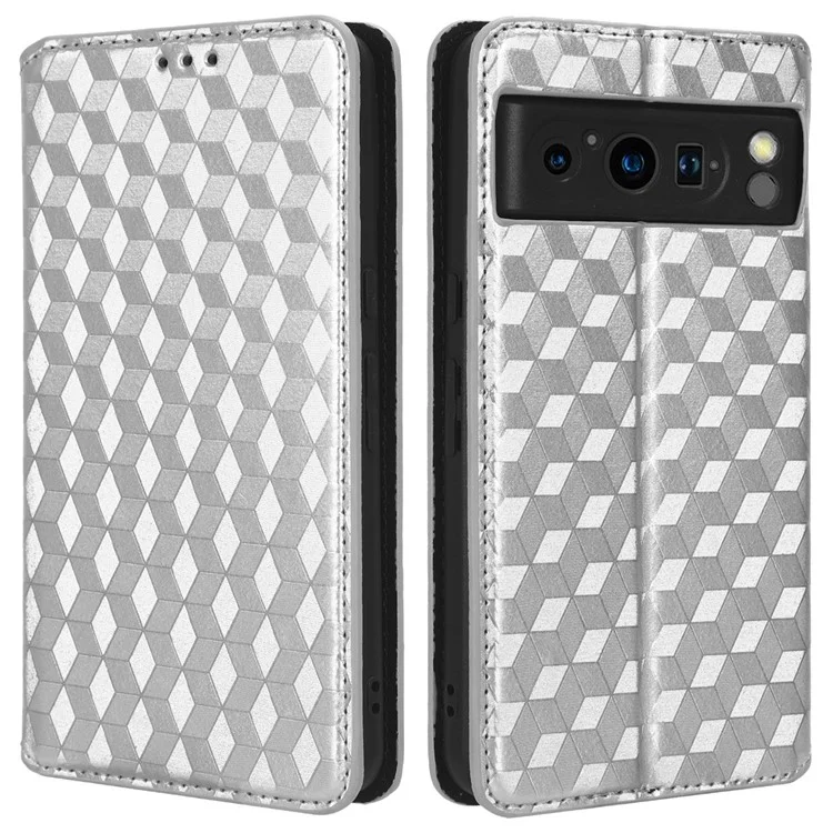 For Google Pixel 8 Pro PU Leather Flip Magnetic Cover Rhombus Imprinted Wallet Stand Phone Case - Silver