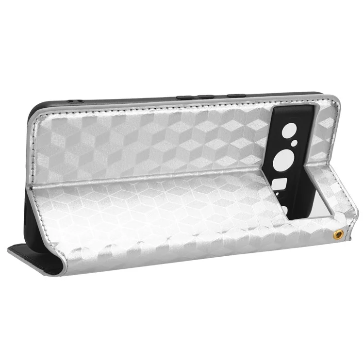 For Google Pixel 8 Pro PU Leather Flip Magnetic Cover Rhombus Imprinted Wallet Stand Phone Case - Silver