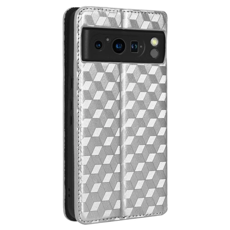 For Google Pixel 8 Pro PU Leather Flip Magnetic Cover Rhombus Imprinted Wallet Stand Phone Case - Silver