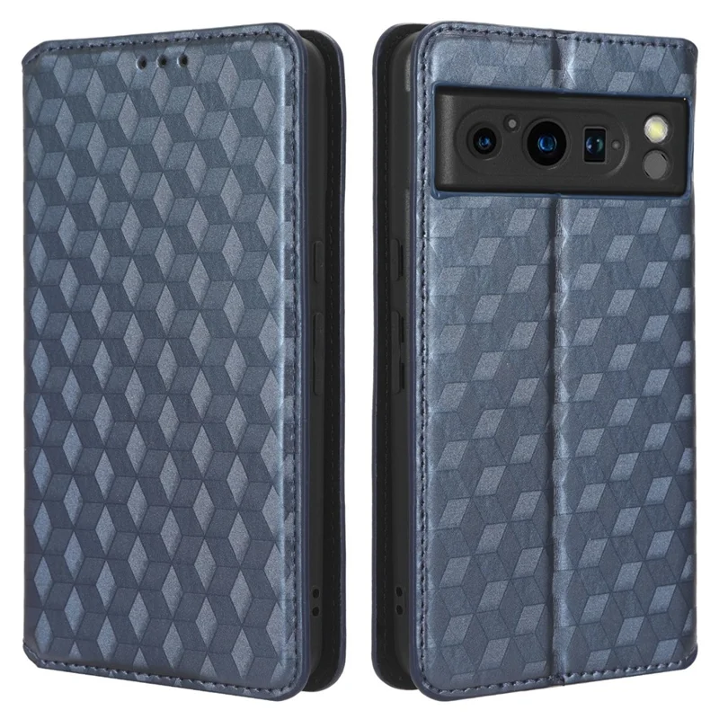 For Google Pixel 8 Pro PU Leather Flip Magnetic Cover Rhombus Imprinted Wallet Stand Phone Case - Blue