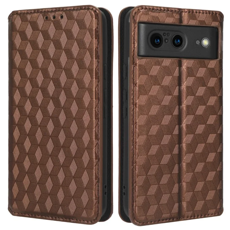 Per Google Pixel 8 PU Leather Rhombus Imprinted Phone Case Wallet Stand Secure Magnetic Cover - Marrone