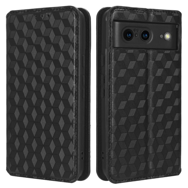 For Google Pixel 8 PU Leather Rhombus Imprinted Phone Case Wallet Stand Secure Magnetic Cover - Black